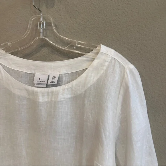 Halston White Linen Blouse Top 3/4 Sleeve Minimalist Summer US M - Picture 3 of 7